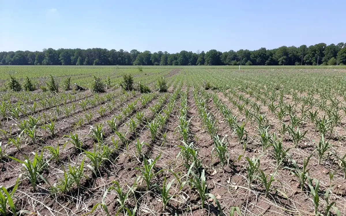 Row crop farmland with a tree line at the horizon in North Mississippi