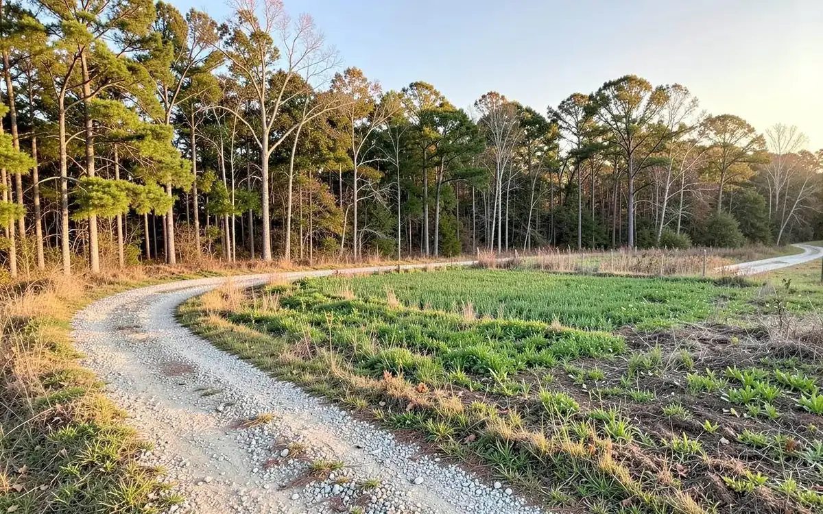 Wooded hunting tract with a gravel trail and a small food plot clearing