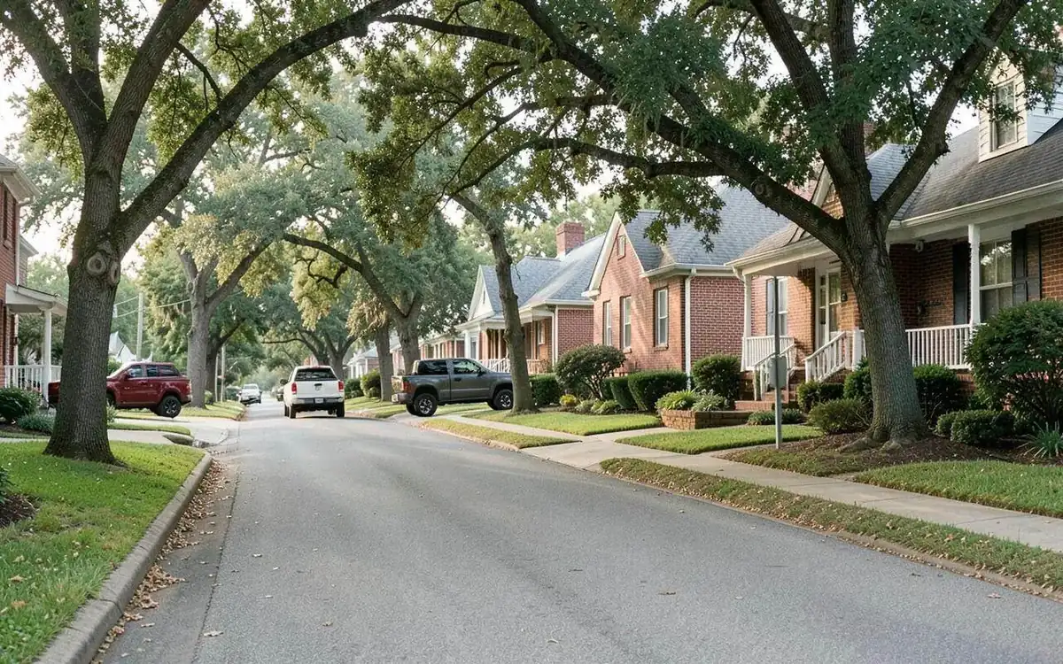 Established residential street in Tupelo, Mississippi lined with well-kept brick homes