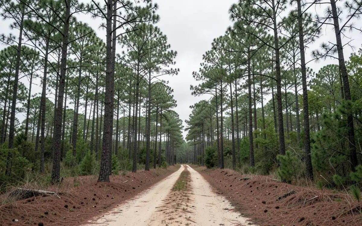 Loblolly pine timber tract with a dirt logging road in rural North Mississippi