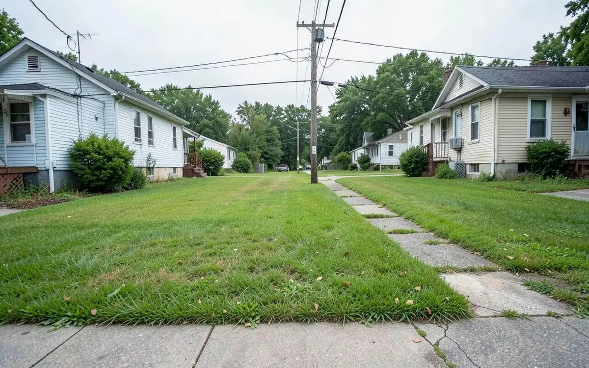 Grassy vacant residential lot between two houses on a small town Mississippi street