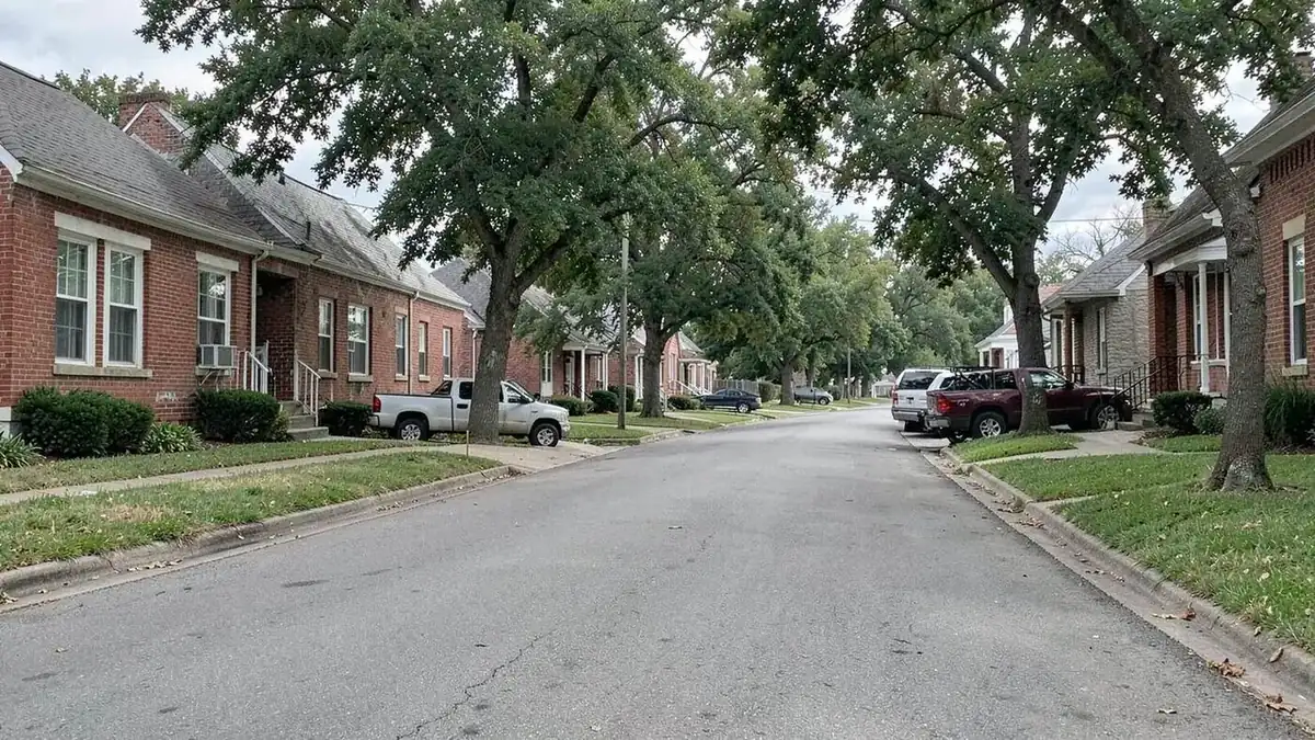 Residential street with brick homes in Pontotoc, Mississippi
