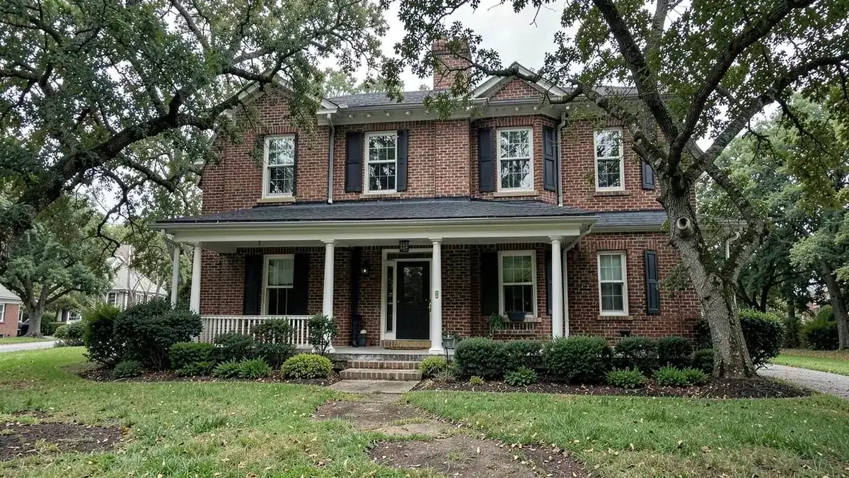 Two-story brick home on a tree-lined street in New Albany, Mississippi
